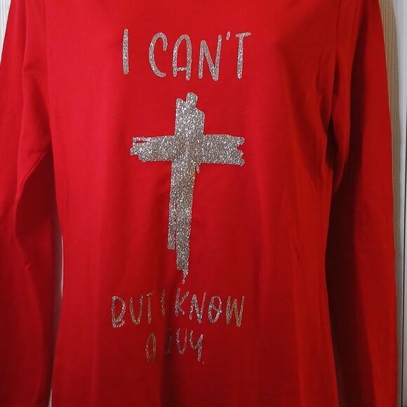 Red long sleeve cross shirt I Can't But I know a Guy tshirt Sz L Juniors - Picture 2 of 5